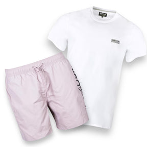 BARBOUR INTERNATIONAL SMALL LOGO T-SHIRT & SWIM SHORTS SET WHITE & PINK