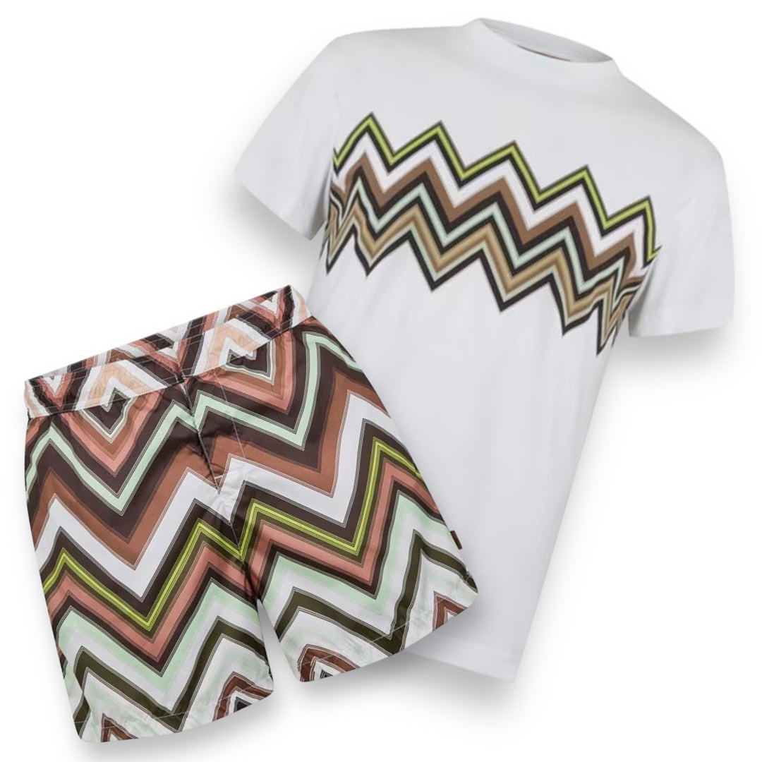 MISSONI ZIG ZAG LOGO T-SHIRT & SWIM SHORTS SET WHITE / BROWN / GREEN