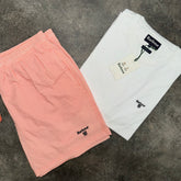 BARBOUR SMALL LOGO T-SHIRT & SWIM SHORTS SET WHITE & PINK SEERSUCKER STRIPE