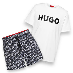 HUGO BOSS HUGO TEXT LOGO T-SHIRT & SWIM SHORTS NEW ALL OVER LOGO SET WHITE & BLACK