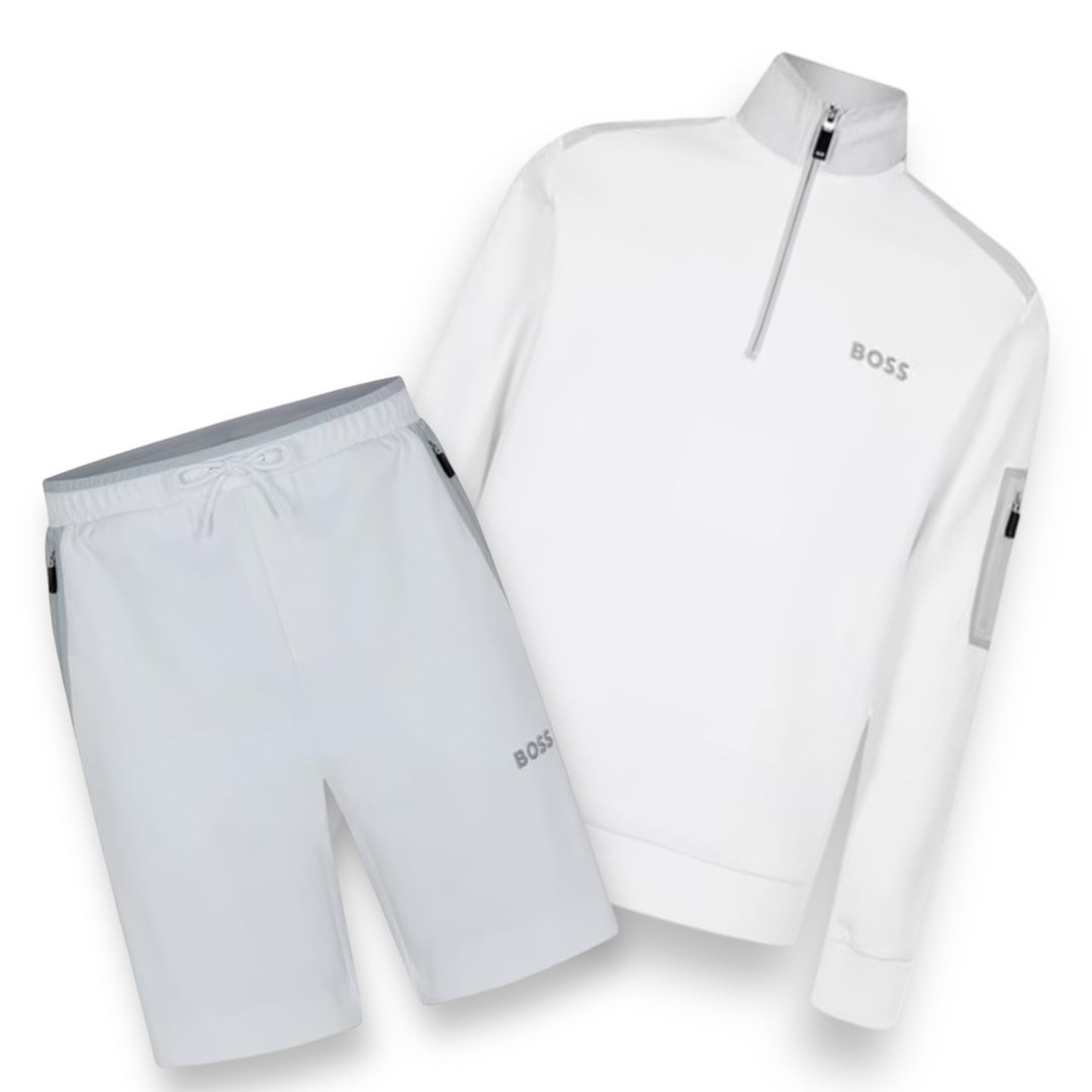 HUGO BOSS TECH 1/4 SWEATSHIRT & TECH JERSEY SHORTS SET WHITE