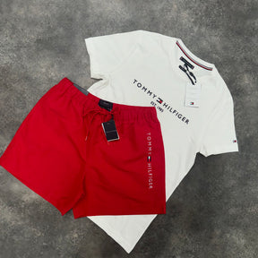 TOMMY HILFIGER FLAG LOGO T-SHIRT & SWIM SHORTS SET WHITE - RED