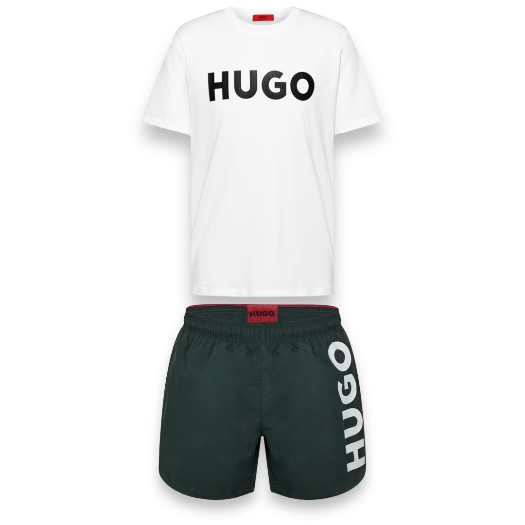 HUGO BOSS HUGO BIG LOGO T-SHIRT & SWIM SHORTS SET WHITE & DARK GREEN