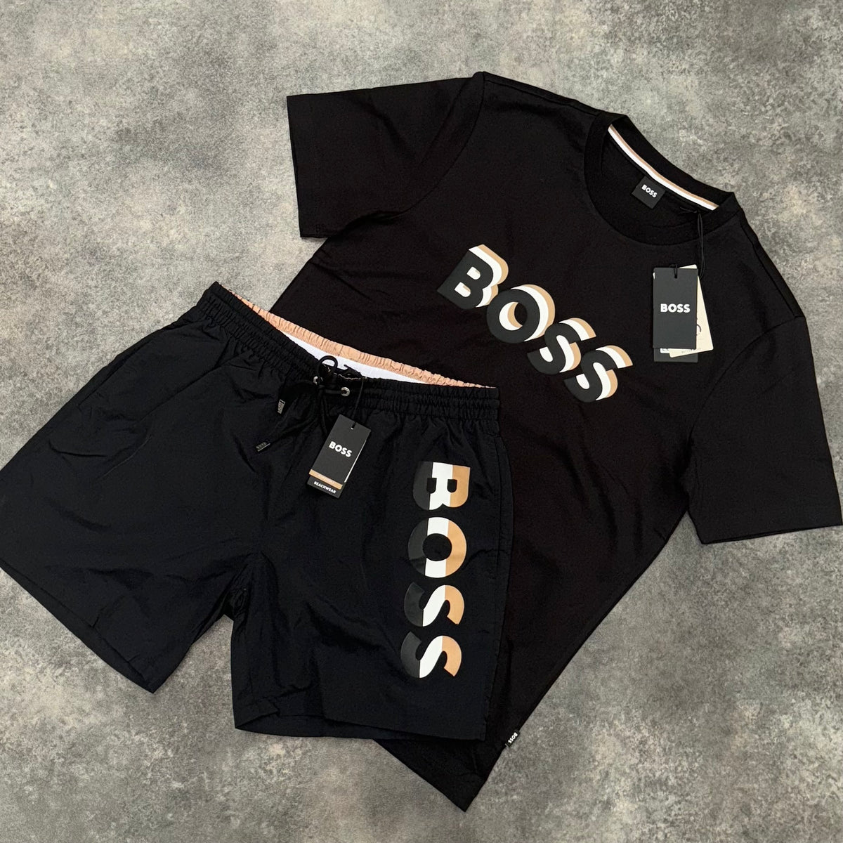 HUGO BOSS BOX 3D TRI LOGO & VERTI TRI SWIM SHORTS SET BLACK