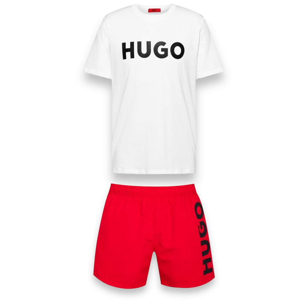 HUGO BOSS HUGO BIG LOGO T-SHIRT & SWIM SHORTS SET WHITE & RED