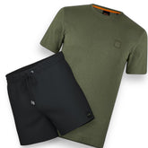 HUGO BOSS PATCH LOGO T-SHIRT & SWIM SHORTS SET KHAKI & BLACK