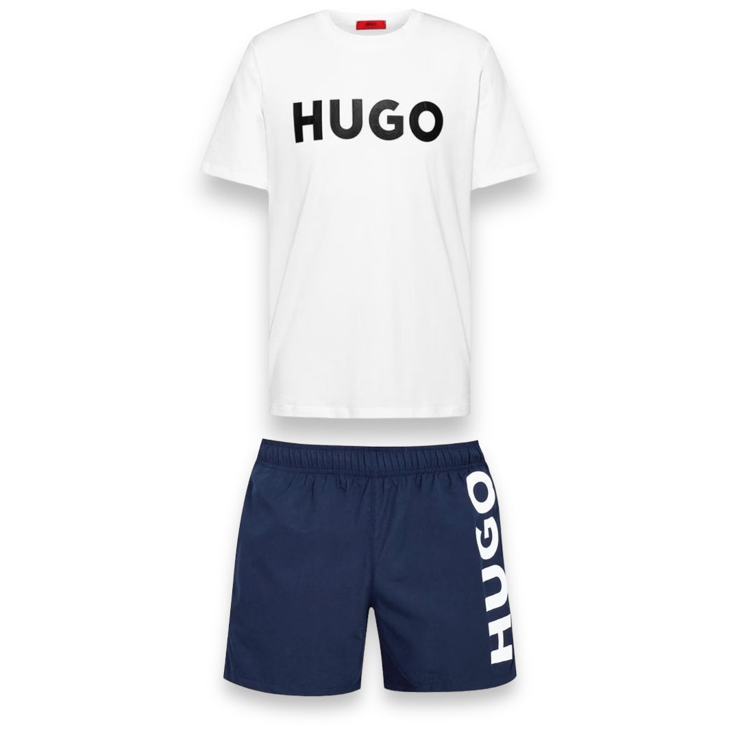 HUGO BOSS HUGO BIG LOGO T-SHIRT & SWIM SHORTS SET WHITE & NAVY BLUE