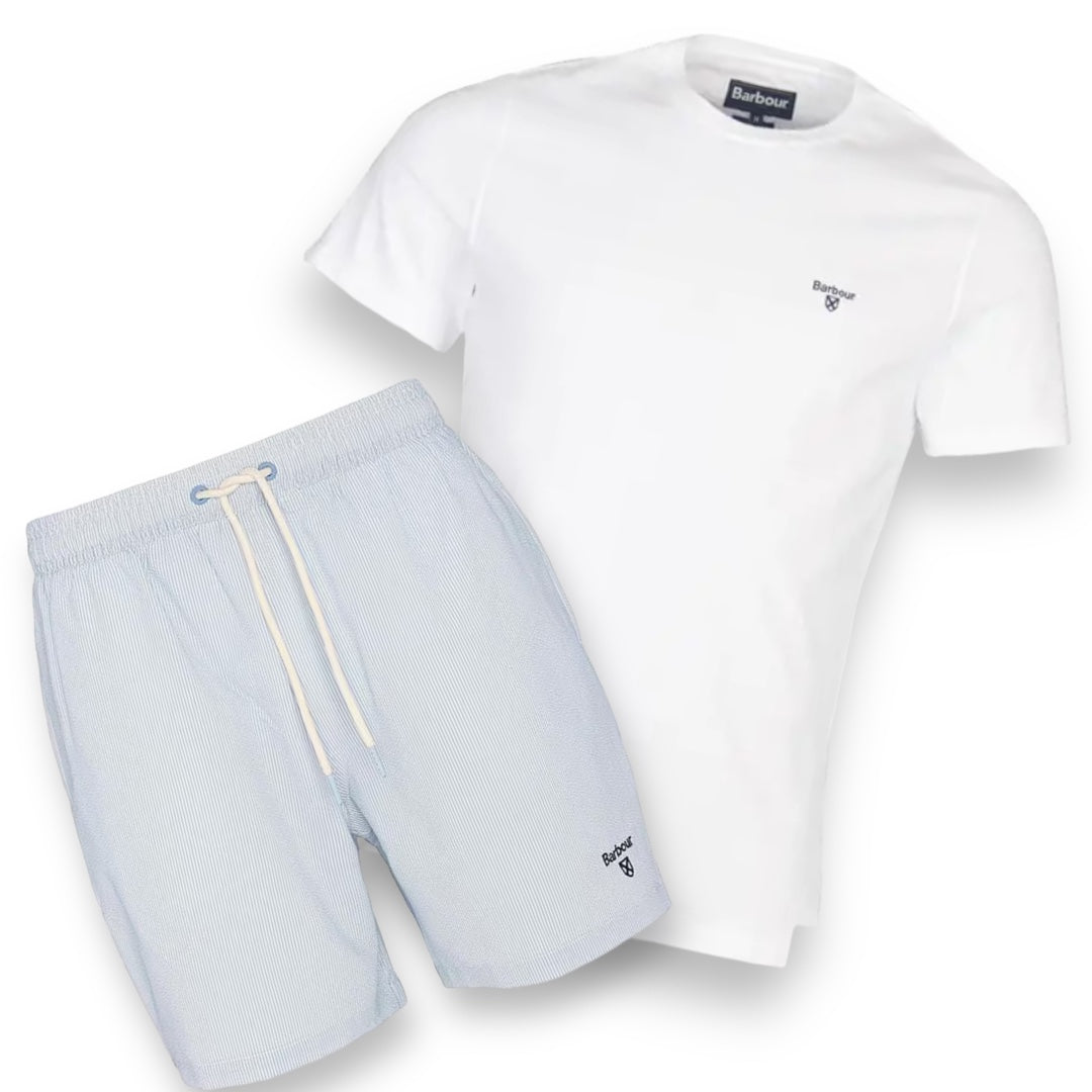 BARBOUR SMALL LOGO T-SHIRT & SWIM SHORTS SET WHITE & BLUE SEERSUCKER STRIPE