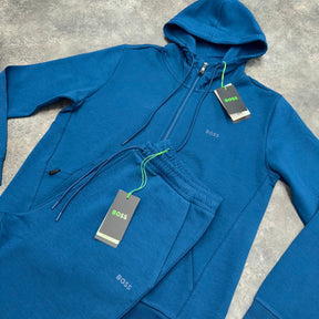 HUGO BOSS CURVED LOGO FULL ZIP HOODED TRACKSUIT TEAL BLUE