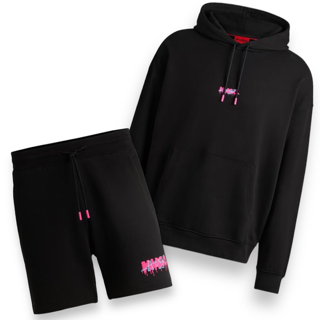 HUGO GRAFFITI LOGO OTTH HOODIE & JERSEY SHORTS SET BLACK / PINK