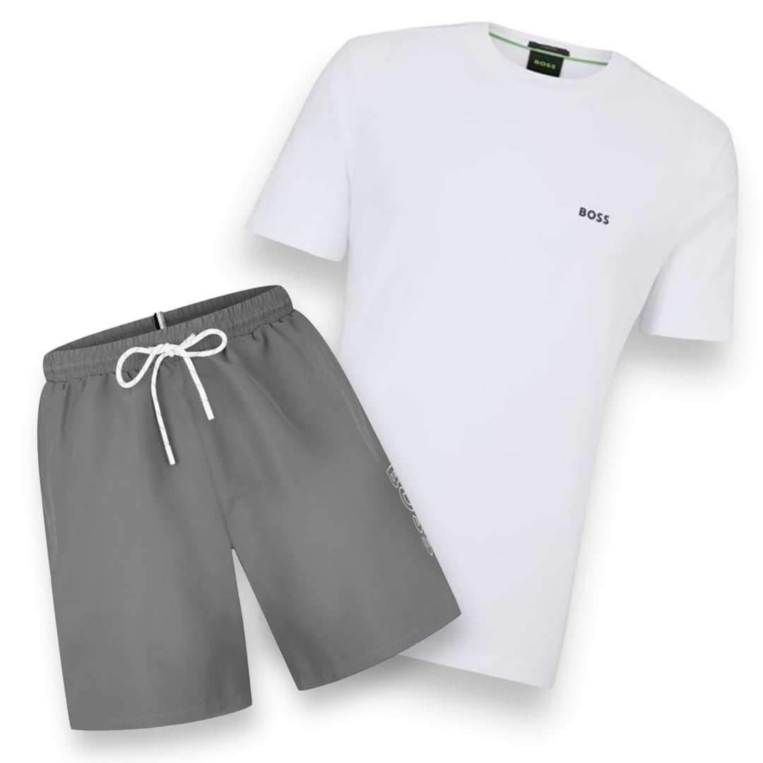 HUGO BOSS SMALL LOGO T-SHIRT & SIDE SWIM SHORTS SET WHITE / GREY