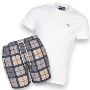 BARBOUR SMALL LOGO T-SHIRT & SWIM SHORTS SET WHITE & BEIGE CHECK