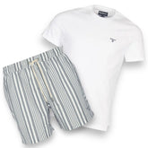 BARBOUR SMALL LOGO T-SHIRT & SWIM SHORTS SET WHITE & GREY STRIPE