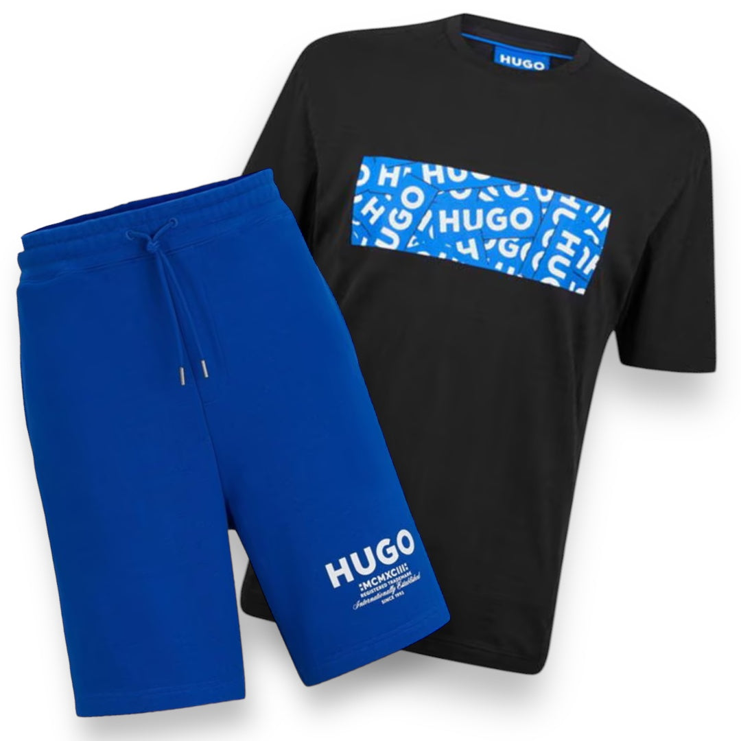 HUGO BOSS HUGO MULTI LOGO T-SHIRT & JERSEY SHORTS SET ROYAL BLUE