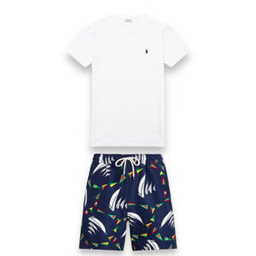 RALPH LAUREN LOGO T-SHIRT & SAIL SWIM SHORTS SET WHITE - NAVY BLUE