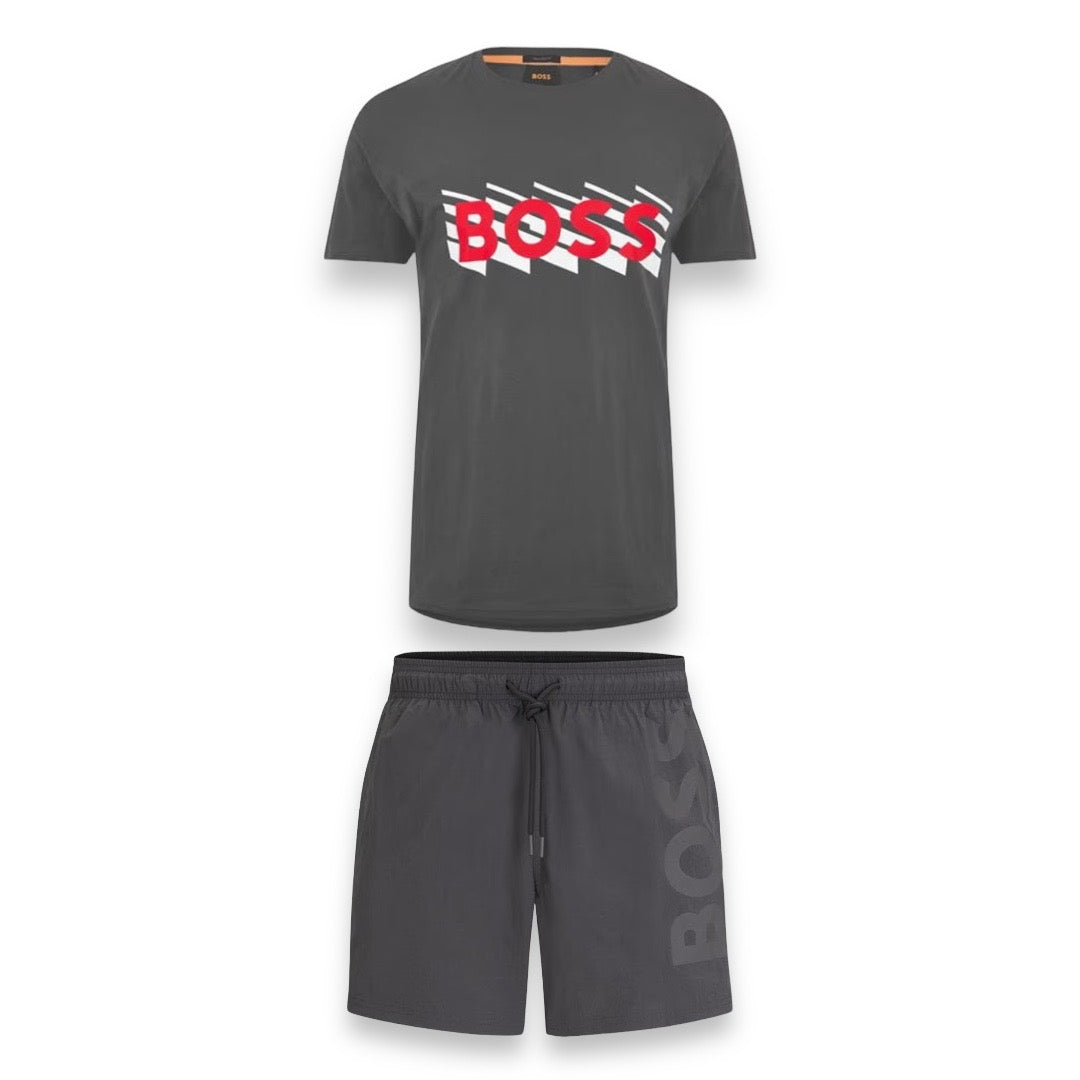 HUGO BOSS ZIG ZAG LOGO T-SHIRT & SWIM SHORTS SET GREY