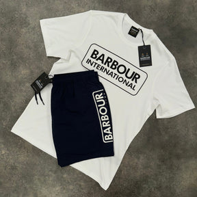 BARBOUR INTERNATIONAL BIG LOGO T-SHIRT & SWIM SHORTS SET WHITE & NAVY BLUE