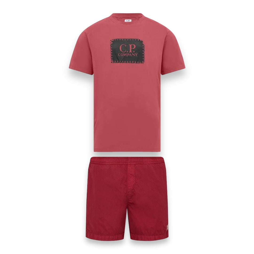 CP COMPANY LARGE PATCH LOGO T-SHIRT & PATCH SWIM SHORTS SET RED