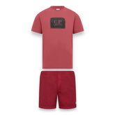 CP COMPANY LARGE PATCH LOGO T-SHIRT & PATCH SWIM SHORTS SET RED