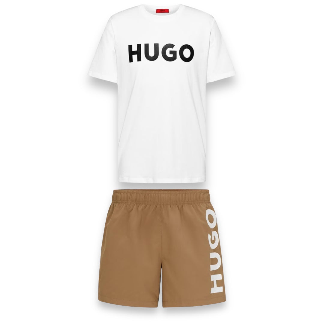 HUGO BOSS HUGO BIG LOGO T-SHIRT & SWIM SHORTS SET WHITE & BROWN