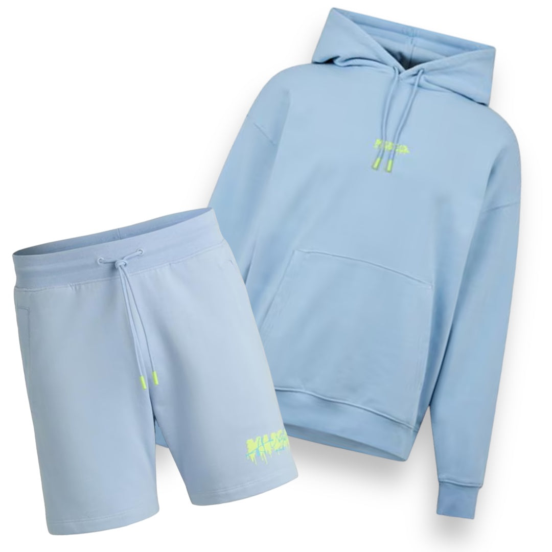 HUGO GRAFFITI LOGO OTTH HOODIE & JERSEY SHORTS SET LIGHT BLUE / LIME