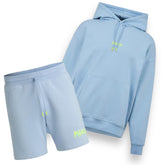 HUGO GRAFFITI LOGO OTTH HOODIE & JERSEY SHORTS SET LIGHT BLUE / LIME