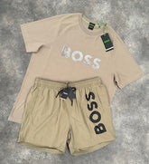 HUGO BOSS FADE LOGO & VERTI SWIM SHORTS SET KHAKI GREEN