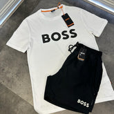 HUGO BOSS BIG LOGO T-SHIRT & SWIM SHORTS SET WHITE / BLACK