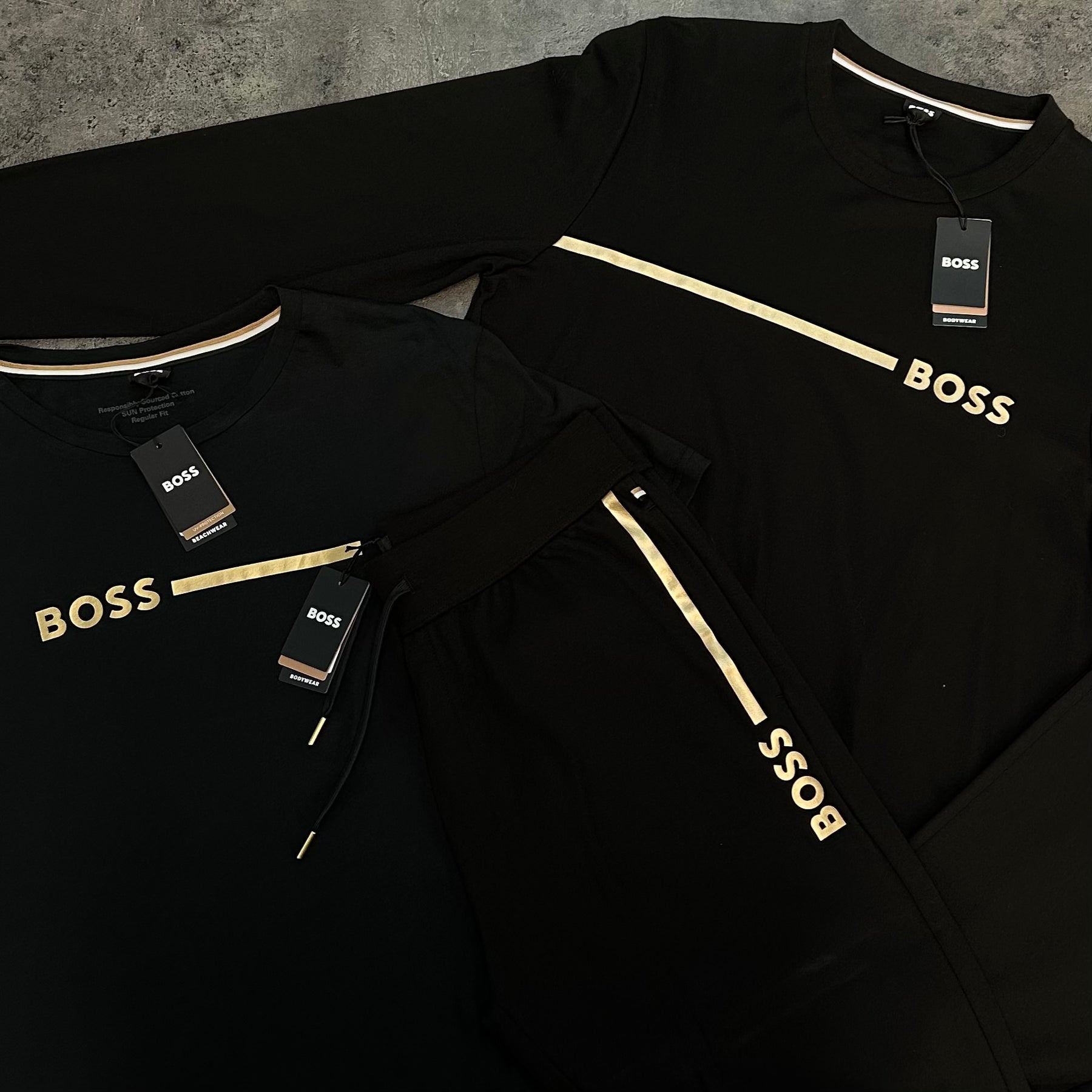 HUGO BOSS TRIPLE SET TRACKSUIT SWEATSHIRT - JOGGER & T-SHIRT COMBO NAVY BLACK & GOLD *SALE*