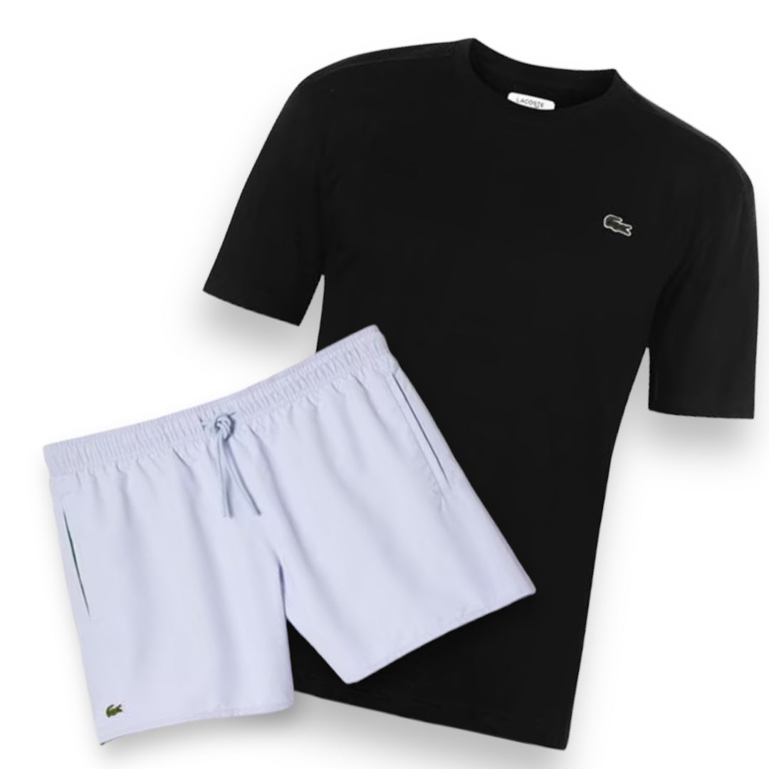 LACOSTE SMALL LOGO T-SHIRT & SWIM SHORTS SET BLACK & PALE BLUE