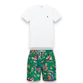 RALPH LAUREN LOGO T-SHIRT & SURFER BEAR SWIM SHORTS SET WHITE - GREEN