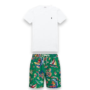 RALPH LAUREN LOGO T-SHIRT & SURFER BEAR SWIM SHORTS SET WHITE - GREEN