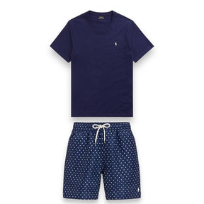 RALPH LAUREN LOGO T-SHIRT & DOTTED SWIM SHORTS SET NAVY - NAVY BLUE