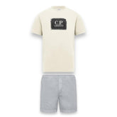 CP COMPANY LARGE PATCH LOGO T-SHIRT & PATCH SWIM SHORTS SET WHITE & GREY