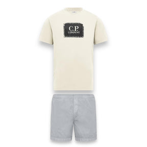 CP COMPANY LARGE PATCH LOGO T-SHIRT & PATCH SWIM SHORTS SET WHITE & GREY