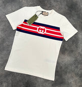 GUCCI GG STRIPE LOGO T-SHIRT BEIGE / BLUE / RED