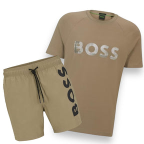 HUGO BOSS FADE LOGO & VERTI SWIM SHORTS SET KHAKI GREEN