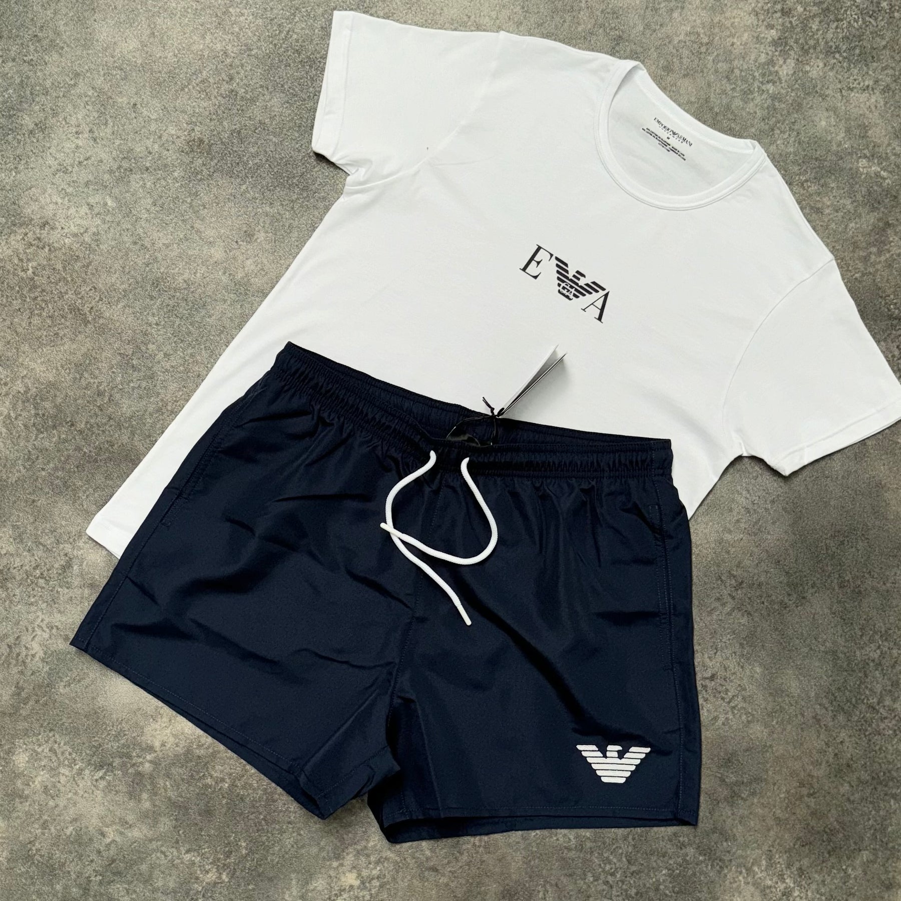 ARMANI T-SHIRT & SWIM SHORTS SET WHITE & NAVY BLUE