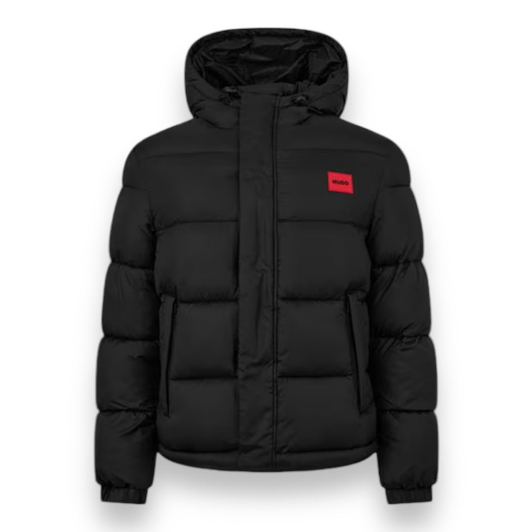 HUGO RED PATCH HOODED PUFFER JACKET GRAPHITE GREY