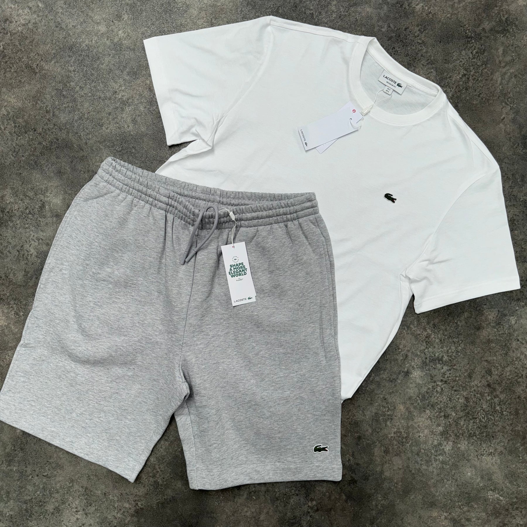 LACOSTE SMALL LOGO T-SHIRT & JERSEY SHORTS SET WHITE & GREY