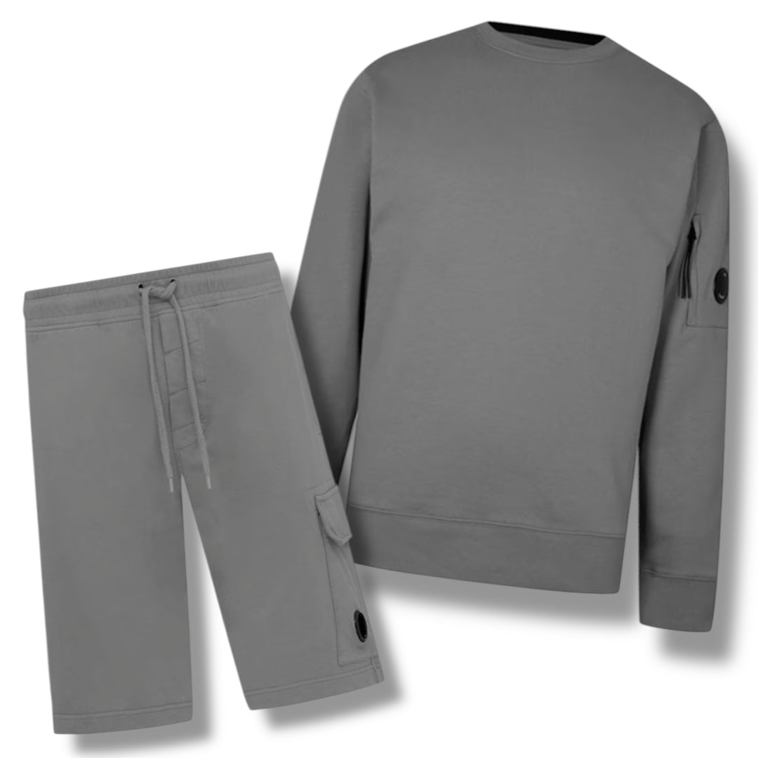 CP COMPANY LENS CREW NECK SWEATSHIRT & SHORTS COMBO DUST GREY