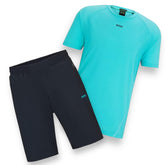 BOSS ACTIVE GYM T-SHIRT & SHORTS SET AQUA & NAVY BLUE