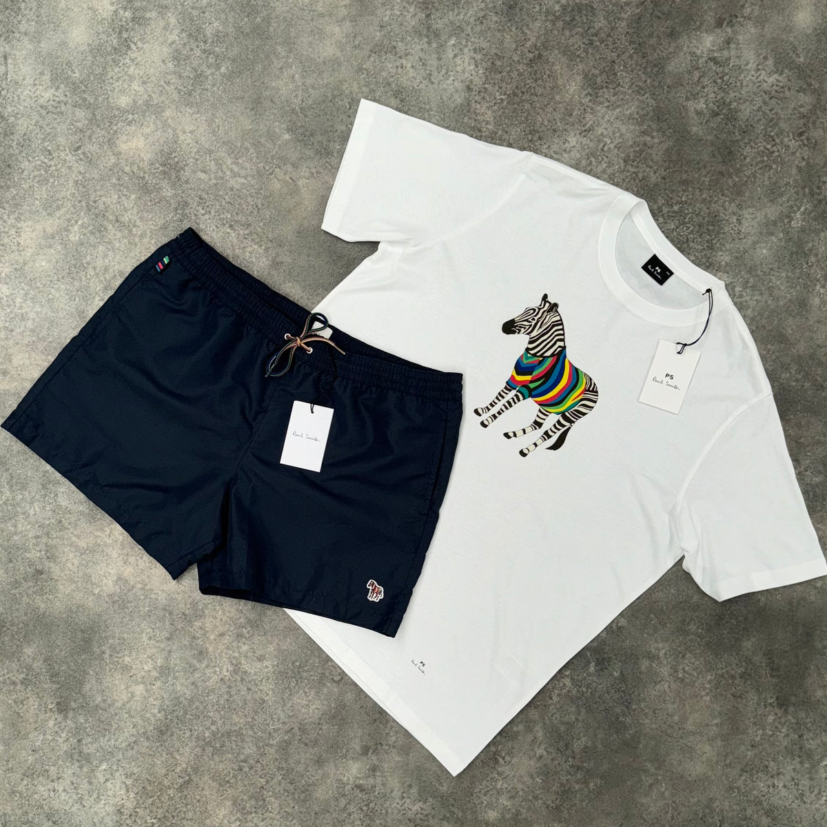 PAUL SMITH LARGE ZEBRA T-SHIRT & SWIM SHORTS SET WHITE / NAVY BLUE