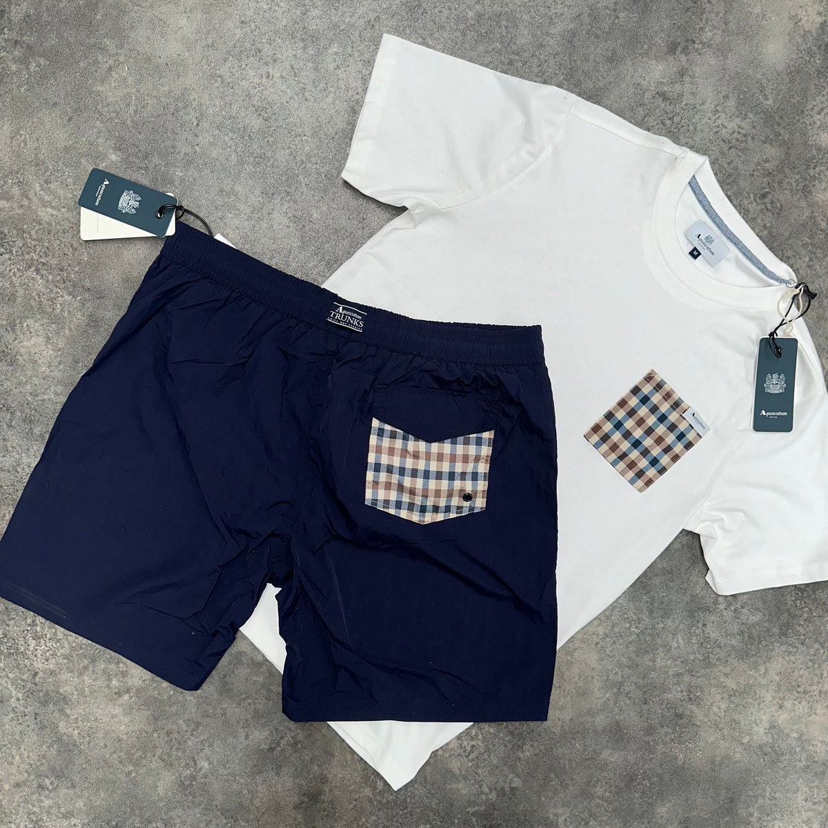 AQUASCUTUM BIG LOGO T-SHIRT & PATCH POCKET SWIM SHORTS SET WHITE PATCH & NAVY