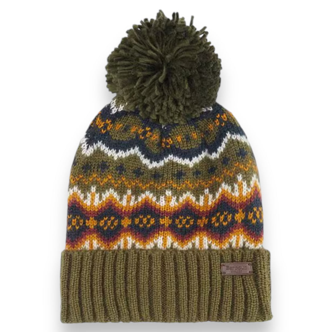 BARBOUR SKI PATTERN BOBBLE BEANIE HAT OLIVE GREEN