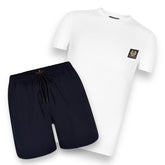 BELSTAFF PATCH LOGO T-SHIRT & NYLON METAL SHORTS SET WHITE & NAVY BLUE