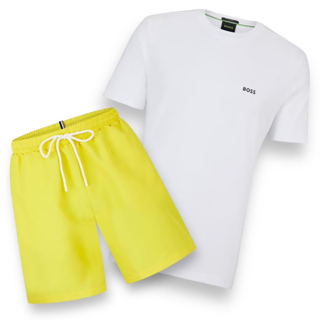 HUGO BOSS SMALL LOGO T-SHIRT & SIDE SWIM SHORTS SET WHITE / YELLOW