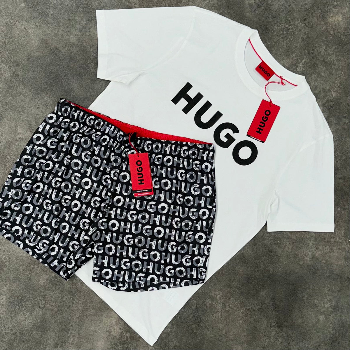 HUGO BOSS HUGO TEXT LOGO T-SHIRT & SWIM SHORTS NEW ALL OVER LOGO SET WHITE & BLACK