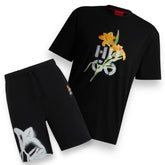 HUGO BOSS HUGO GRAFFITI FLOWER T-SHIRT & JERSEY SHORTS SETS BLACK / YELLOW