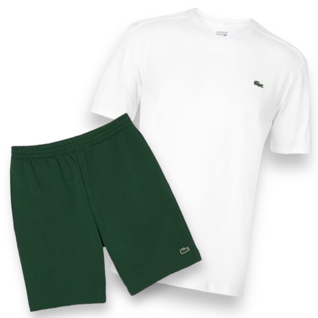 LACOSTE SMALL LOGO T-SHIRT & JERSEY SHORTS SET WHITE & GREEN